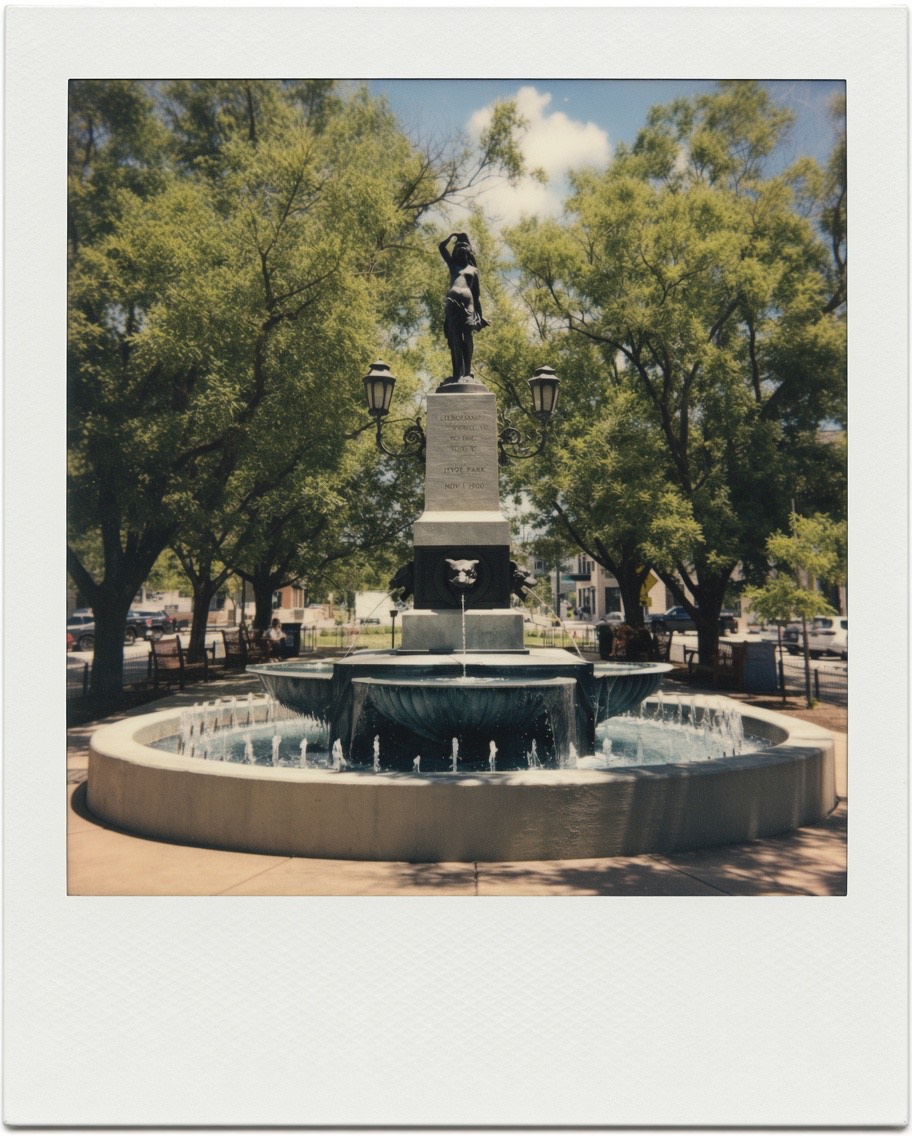 Fountain and statue in Hyde Park, Cincinnati, Ohio